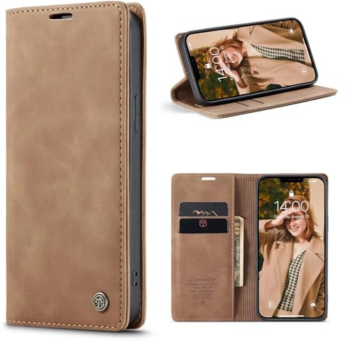 CaseMe Hülle für iPhone 12 Mini Vintage Dünne Handyhülle mit Kartenfach Geld Slot Ständer PU Ledertasche Flip Schutzhülle für iPhone 12 Mini- Braun
