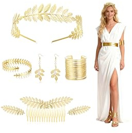Milacolato 8Pcs Gold Griechische Göttin Kostüm Für Damen, Cleopatra Griechisches Göttin Set, Blatt Stirnband Spulenarmband Blatt Ohrringe Haarkamm Schmuckset Für Hochzeit Toga Party Halloween