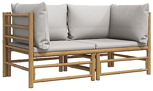 vidaXL Garten Ecksofa 2 STK., Gartensofa mit Hellgrauen Kissen, Modular Sofa Garnitur für Garten Terrasse, Gartenmöbel Sitzgruppe Loungemöbel, Bambus