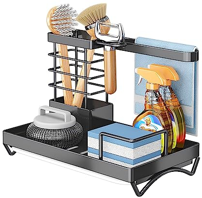 GUAHKUN Spülbecken Organizer Schwarz küchen Spüle Sink Organizer, Spülbecken Organizer, Zusätzliche Verstärkung Edelstahl Schwammhalter Spültuchhalter Lappenhalter mit Abflusspfanne, Küchen-Organizer