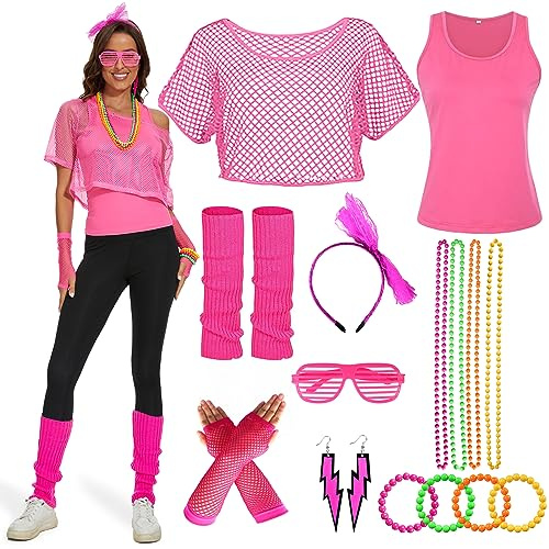 Ulikey 80er 90er Jahre Outfit Damen, 15 Stück 80er Jahre Kleidung Damen Set, Netzshirt, Tank top, Halskette, Armband, Ohrring, Stirnband, 90er Jahre Neon Party Outfit Mottoparty Accessoires Karneval