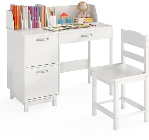 GYMAX Kids Desk and Chair Set, Wooden Children Study Table with 2 Storage Cabinets, Drawer, Tabletop Bookshelf & Anti-Toppling Device, Toddler Writing Desk Set for Boys Girls (White)