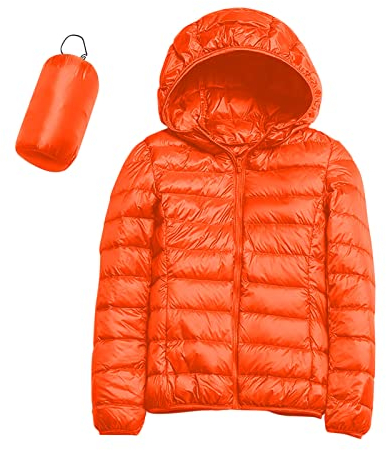Women's Warm Waterproof Lightweight Jacket with Hood Windproof Winter Coat with Recycled Insulation Winter Slim Short with Hood Warm White Duck Down Coat Waterproofing Spray Ski Clothing, orange, L