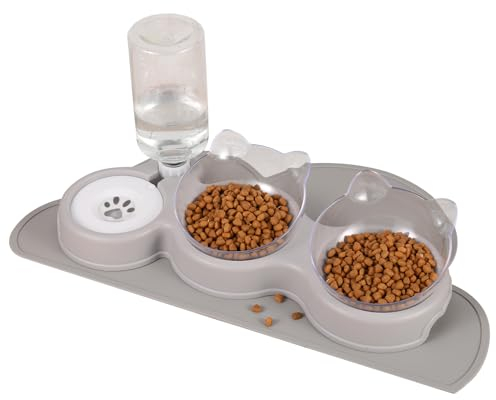 Radsocken 3-in-1 Cat Bowl with Anti-slip Protective Pad,Cat Bowl with Stand Tilted 15°,Double Cat Bowls with Water Dispenser,Petachable Pet Bowl,Anti-Spill and Adjustable Pet Food Bowl