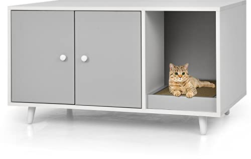 COSTWAY Meuble Litiere Chat en Bois, Cache Litiere Chat Double Porte 3 en 1, Planche à Griffer, 4 Pieds Surélevés Amovibles, Maison de Toilette Chaton, 90 x 50 x 50 CM, Gris