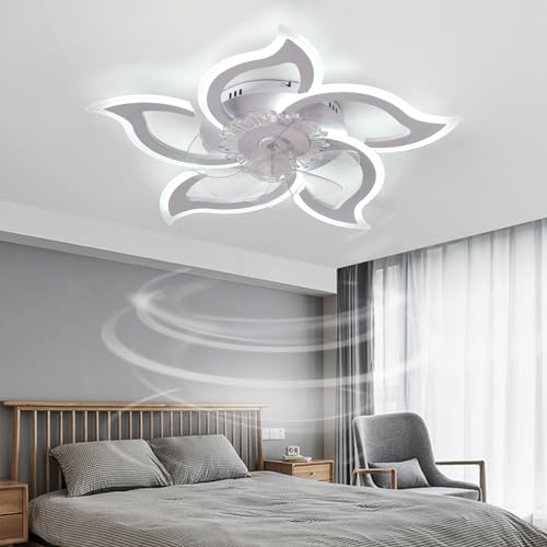 Large Ceiling Fans with Lights Alexa LED Dimmable Fan Light Reversible Modern Remote Control Silent Ceiling Lights with Fan Bedroom 6 Speed Smart Flower Flush Mount-White||APP+Remote