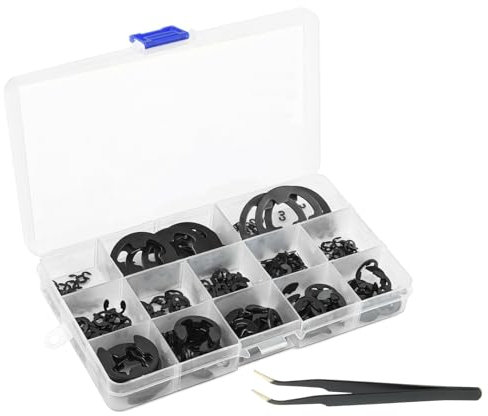 Realure 500 Piezas E-Clip Circlips Set, M1.5-M22 Anillo de Retención Set, Negro Acero al Carbono Anillo Snap, Arandelas de Seguridad con Caja de Plástico & Pinzas, para Apretar Rodamiento & Engranaje