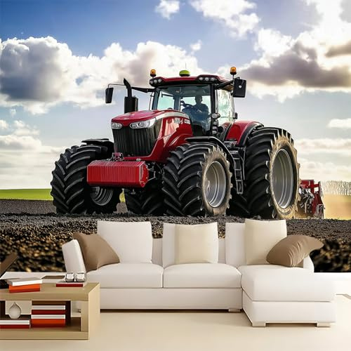 Papier Peint Panoramique 350 x 256 cm Tracteur Rouge de Ferme, Tapisserie Murale Intissée pour Chambre de Garçon et Salon, Décoration Murale Maison Moderne, Poster XXL Facile à Poser et Nettoyer HD