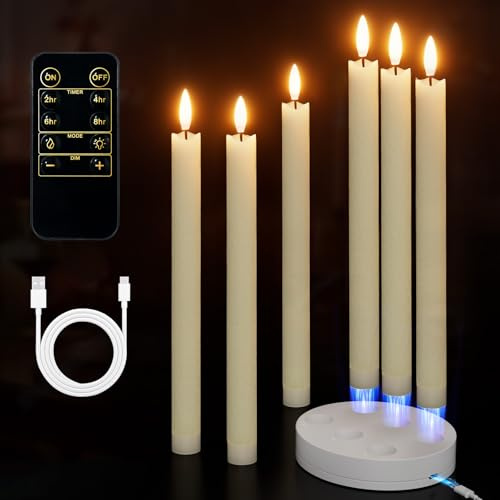 Rechargeable Flameless Taper Candles with Charging Station 6Pcs Real Wax Battery Taper Candles with Remote Timer Led Candlesticks Flickering Realistic for Christmas Home Wedding Decor Ivory