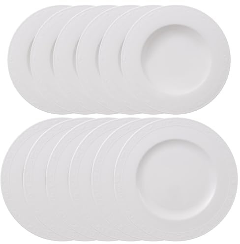 Villeroy & Boch White Pearl Service de table 12 pièces, assiettes plates (27 cm) et assiettes creuses (24 cm) pour 6 personnes, service de table classique avec relief, porcelaine de qualité