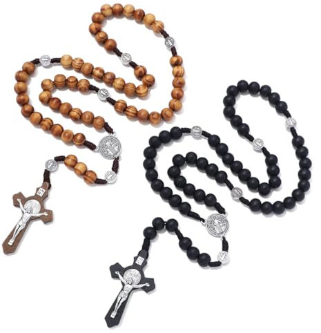 QIBZI Croix murales,Chapelet en bois d'olivier, collier de chapelet croisé, chapelet pour hommes sculpté à la main, chapelet religieux pour femmes (2 pièces)