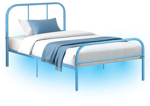 FurnitureR Cama de metal con marco de metal con luz LED, cama de invitados, cama individual moderna, marco de cama juvenil con somier, para dormitorio, habitación de invitados, 90 x 190 cm, color azul