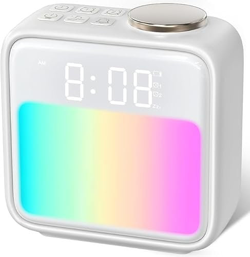 Samshow Wecker für Schlafzimmer, lauter Wecker für schwere Schläfer, Erwachsene, 15–180 Minuten Einschlafhilfe, 6 Weckgeräusche, Nachtlicht in 10 Farben, dynamische RGB-Farbe, Weiß