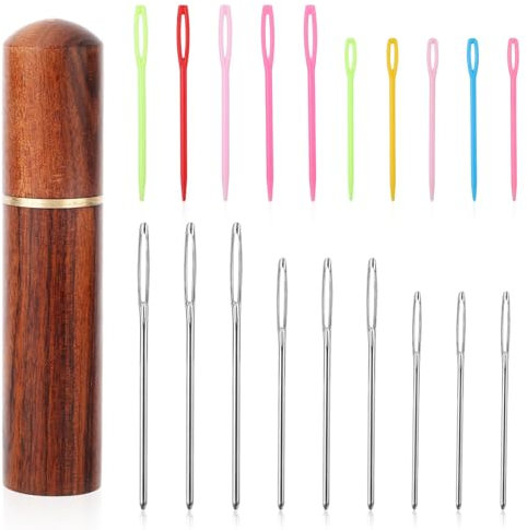 Tinoaly 19pcs Large Big Eye Sewing Needles, Plastic & Aluminium, Multicolor, Sharp Point, Embroidery & Knitting Needles, Includes Wooden Box