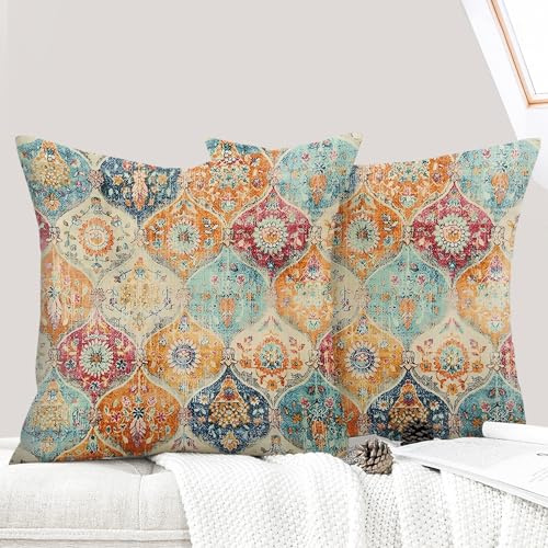 ECZOIL 2er Set Boho Kissenbezüge 40x40 cm,Böhmische Blumen Dekorative Kissenhülle Flachs 16x16 Inch Doppelseitiger Druck Dekorative Kissenbezug für Wohnzimmer Sofa Schlafzimmer-Cremefarben