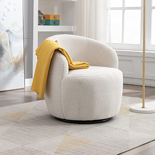 FARRINGTON Teddy-Drehsessel, Runder Boucle Sessel mit 360° Drehbarem Metallfuß, Bequemer Gemütlicher Drehstuhl Ohne Rollen Schminktisch Stuhl Armlehnstuhl Lesesessel (Weiß)