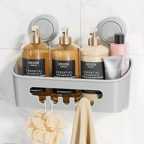 LEVERLOC Duschablage ohne Bohren Duschablage Saugnapf Extra Stark, Grau | Saugnapf Dusche Organizer Große Kapazität Bad Organizer Ohne Bohren Badezimmer Zubehör für Shampoo Duschkorb Küche