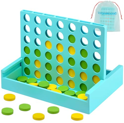 VingaHouse 4 in Einer Reihe Spiel Holz, Strategiespiel für 2 Spieler | Familienspiel Pädagogisches Lernspielzeug, Geschenk für Kinder& Erwachsene, Vertikales Brettspiel für Zuhause& Reisen [Blau]