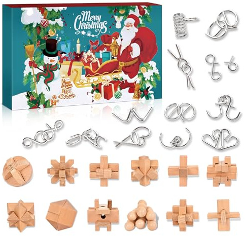 Knobelspiele Adventskalender 2025 Kinder & Erwachsene, 24 Tage Weihnachtskalender Geschenke mit Metall Knobelei und Holzk, Countdown-Kalender, Geschicklichkeitsspiele für Jungen, Mädchen