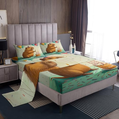 Erosebridal Kids Cute Beaver Bedding Set Full Size, Wild Animal Bed Sheets Set for Bedroom, Wildlife Flat Fitted Sheet, Happy Birthday Cake Candle Balloon Bed Sets