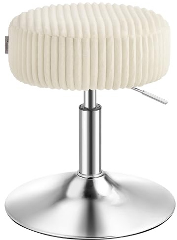 VASAGLE Tabouret de Coiffeuse, Tabouret de Bar, Réglable en Hauteur, Pivotant à 360 Degrés, en Velours Côtelé, Coussin Épais, pour Chambre, Cuisine, Salle à Manger, Blanc LJB128WD01