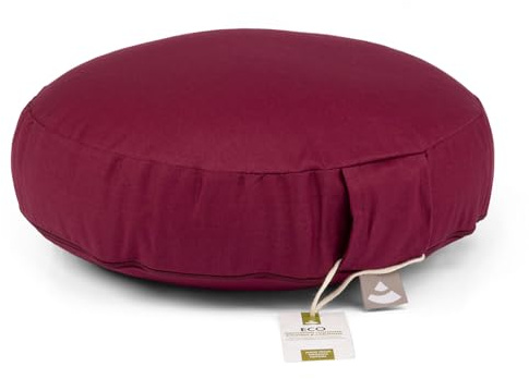 Bodhi Meditationskissen Rondo ECO extra flach | Bodenkissen mit Bio Dinkelfüllung | Bezug aus 100% Baumwolle | Yogakissen mit 15,5 cm Sitzhöhe | Waschbarer Bezug mit Trageschlaufe | aubergine