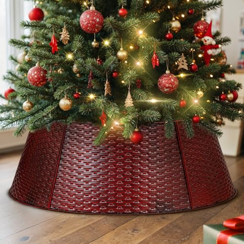 Lanpn Metall Weihnachtsbaum Kragen 50cm, Weihnachtsbaum Halsband Christmas Tree Collar Für Klein Mini S Wetterfest Für Kunstbäume Innen Außen - Weihnachtsdekoration (Rot, Horizontales Weben)