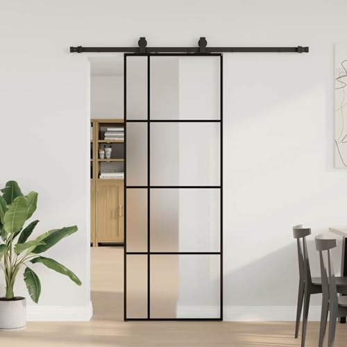 Gecheer Frosted ESG Glass Sliding Door with Powder-Coated Steel Hardware - Transparent/Black, 76x205 cm - Ideal for Bedroom, Kitchen, Barn, Garage