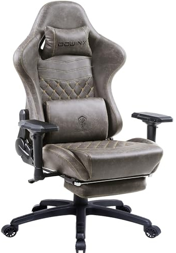 Dowinx Luxuriöser Gaming Stuhl Ergonomisch Leder mit Boutis-Steppung, 4D Armlehnen, Massage-Lendenstütze & Fußstütze, Verstellbarer Bürostuhl 90°-170°, Belastbar bis 200kg, Für Büro & Gaming, Braun