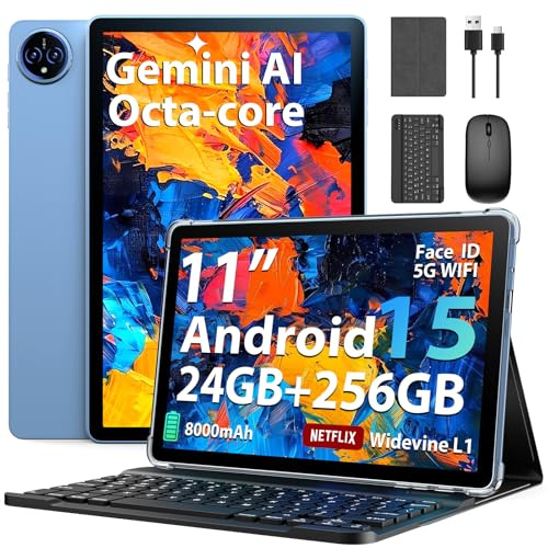 Suicoey 2026 11 Inch Android 15 Tablet with Keyboard, 24GB RAM + 256GB ROM, 2TB Expand, Octa-core, 8000mAh, 5+13MP, 2.4G&5G WiFi, Gemini AI, GPS, 2 in 1 Tablets with Case, Mouse, Stylus (Black Case)