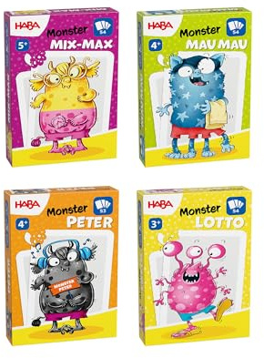 HABA Spielesammlung Monster-Kartenspiel Lern- und Spaß 4er Pack - 4 Spiele: Monster Lotto Mix-Max Peter & Mau Mau ab 4 Jahren