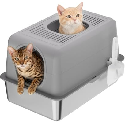 Crevyteg Cajas de arena para gatos de acero inoxidable, caja de arena cubierta con entrada superior y frontal, bandeja de arena de metal 2 en 1 con tapa con cuchara, antifugas, fácil de limpiar