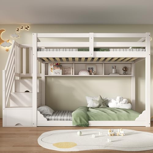 Letto a Castello Bambini 90x200cm con Scaletta Portaoggetti, Cassetti e Scaffale, Letto a Soppalco Matrimoniale con ringhiera di sicurezza, Struttura del letto in Legno per Ragazzi (Senza Materasso)