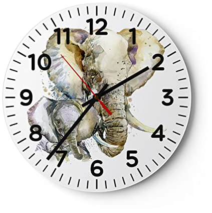 Modern Wanduhr Elefanten Tier Safari Afrika 40x40cm Rund Groß Wand Uhr Glas Analog Zimmeruhren Küche Büro Wohnzimmer Glasuhr Wall Clock Dekoration Design Wanddekoration Küchenuhr C4AR40x40-2884