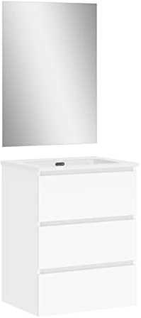 Baikal 830134027 Set Bagno sospeso a Parete con lavabo in Ceramica e Specchio | Tre cassetti, Chiusura Ammortizzata, melamina 16 mm | Mobile assemblato, Legno, Bianco, 70 cm