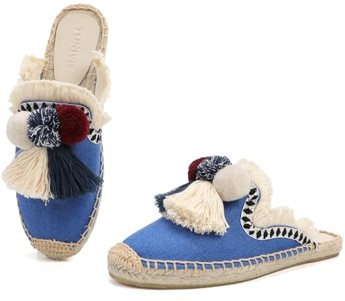 TONIVIS Women's Espadrilles Mule Shoes with Tassel & Fluffy Ball Slides Linen Slippers,Blue,8