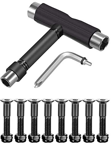 C&Xanadu Skateboard Hardware 8PCS Bolts Set and All-in-One Skate Tools Portable Skateboard T Accessory with Tool L-Type Phillips Head Wrench Screwdriver, Black