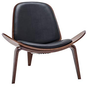 Belleze Mid Century Modern Tripod Plywood Lounge Chair Walnut Bentwood Upholstered Faux Leather, Black