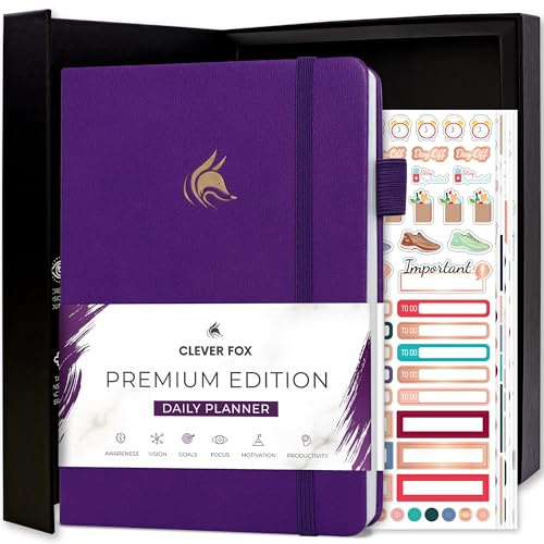 Clever Fox Planer täglich Premium Edition - Undatierter Luxuriöser Tagesplaner mit Stundenplan, Persönlichem Organizer, Produktivitäts- und Zieljournal, A5-Format, 6 Monate Haltbar - Lila
