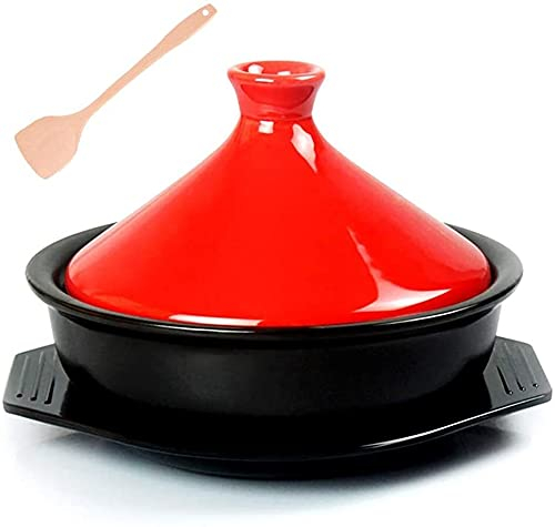 GLP Moroccan Tagine Pot with Tray ＆ Wooden Shovel, 2.5 Quart Slow Cooker Without Lead Cooking Healthy Food, for Different Cooking Styles and Temperature Settings (Color : Red)