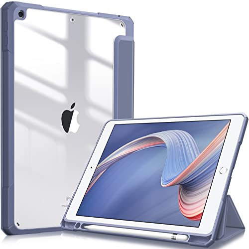 Fintie Hybrid Hülle für 10.2 Zoll iPad 9./8./7. Generation 2021/2020/2019 | Schutzhülle mit Stifthalter, Stoßfeste transparenter Hartschale auf der Rückseite, Auto Schlaf/Wach Funktion, Lavendelgrau