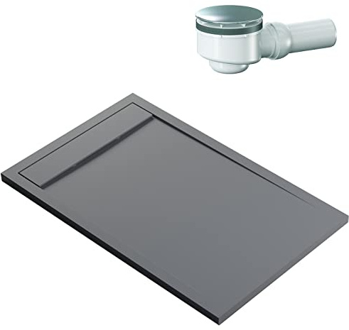 Bernstein Duschtasse New York 90x140 cm Betonoptik, Flache Duschwanne in Steinoptik, Rechteckiges Duschbecken aus Verbundwerkstoff, Rutschhemmende Gel-Coat-Oberfläche, Inkl. Dallmer-Ablauf Orio
