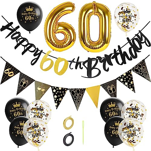 GoldRock Deko 60 Geburtstag Mann Frau, 60 Geburtstag Mann Deko Set,Luftballons 60. Geburtstage Gold Schwarz,60. Geburtstags Geschenk,60 Geburtstage Deko,Happy Birthday Girlande,Folienballon Zahl 60