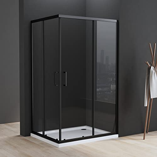 Duschkabine 100x80cm Eckeinstieg, Duschkabine Schwarz Schiebetür 6mm ESG Glas Eckeinstieg Duschabtrennung Duschwand Schwarz Höhe 185cm, LINKS & RECHTS MONTIERBAR