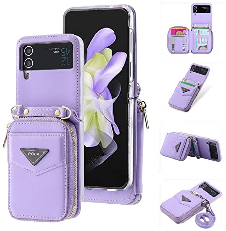 ESONG Coque pour Samsung Galaxy Z Flip 3 avec cordon,Cuir PU de portefeuille etui avec Fente pour Carte/support,Antichoc Protecteur Crossbody Housse,Protection téléphone Case Cover pour fille-Violet