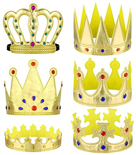 Jspupifip 6 Piece Birthday King Crowns, Kids Party King Queen Prince Princess Gold Crown Coronation Hat Cloth Halloween Nativity Costume Accessories Crown