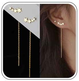 TseenYi Star Threader Earring - CZ Stars Ear Climber, Long Chain Gold Bar Earring, Vintage Boho Pull Threader Earrings Jewelry for Women and Girls