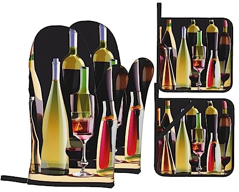 Cocktail Glasses and Wine Bottles Heat Insulation Oven Mitts and Pot Cover Pad,4-Piece Set,for Cooking Baking Grilling