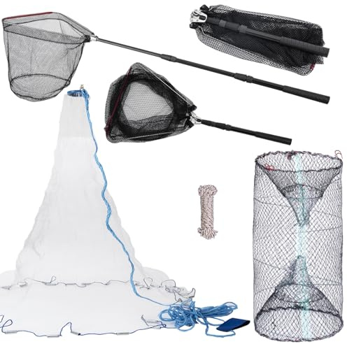 3 Pcs Foldable Fishing Net Accessories :Fishing Cast Net with Heavy Duty Real Zinc Sinker Weights丨 Fishing Landing Net with Telescoping Pole Handle 丨Crab Crayfish Shrimp Crab Trap