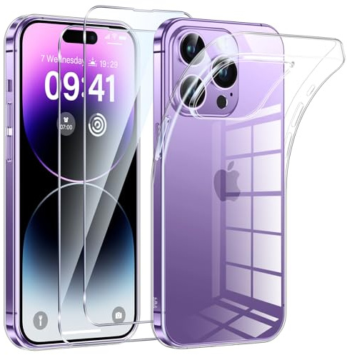 Phoona Cover per iPhone 14 Pro Custodia con 2 Pezzi Pellicola Vetro Temperato,Ultra Sottile Trasparente Silicone Protettiva Case per iPhone 14 Pro Sottile Morbida Antiurto Cover